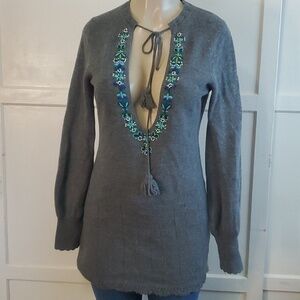 Free People V-Neck Floral Embroidered Wool Blend Sweater Dress/Tunic Size M